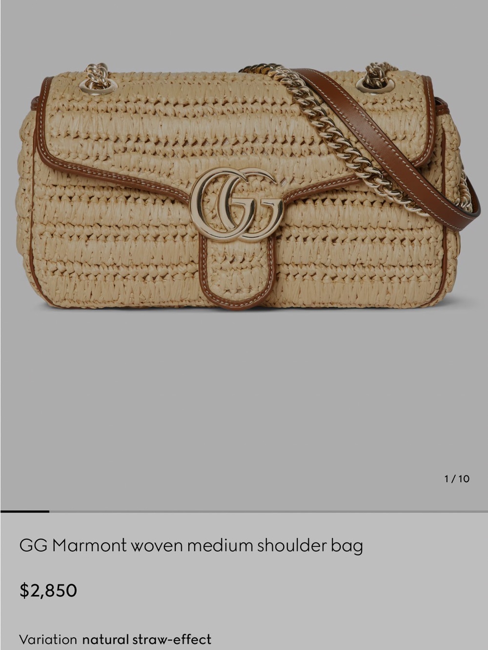 Gucci GG Marmont Woven Shoulder Bag in Natural Straw and Brown